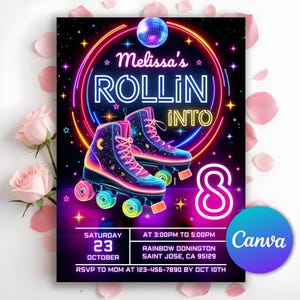 May include: A neon pink, blue, and yellow birthday invitation with a disco ball, roller skates, and the text "Melissa's Rollin' Into 8". The invitation is for a party on Saturday, October 23rd from 3:00 PM to 5:00 PM at Rainbow Donington, Saint Jose, CA 95129. RSVP to Mom at 123-456-7890 by October 10th.