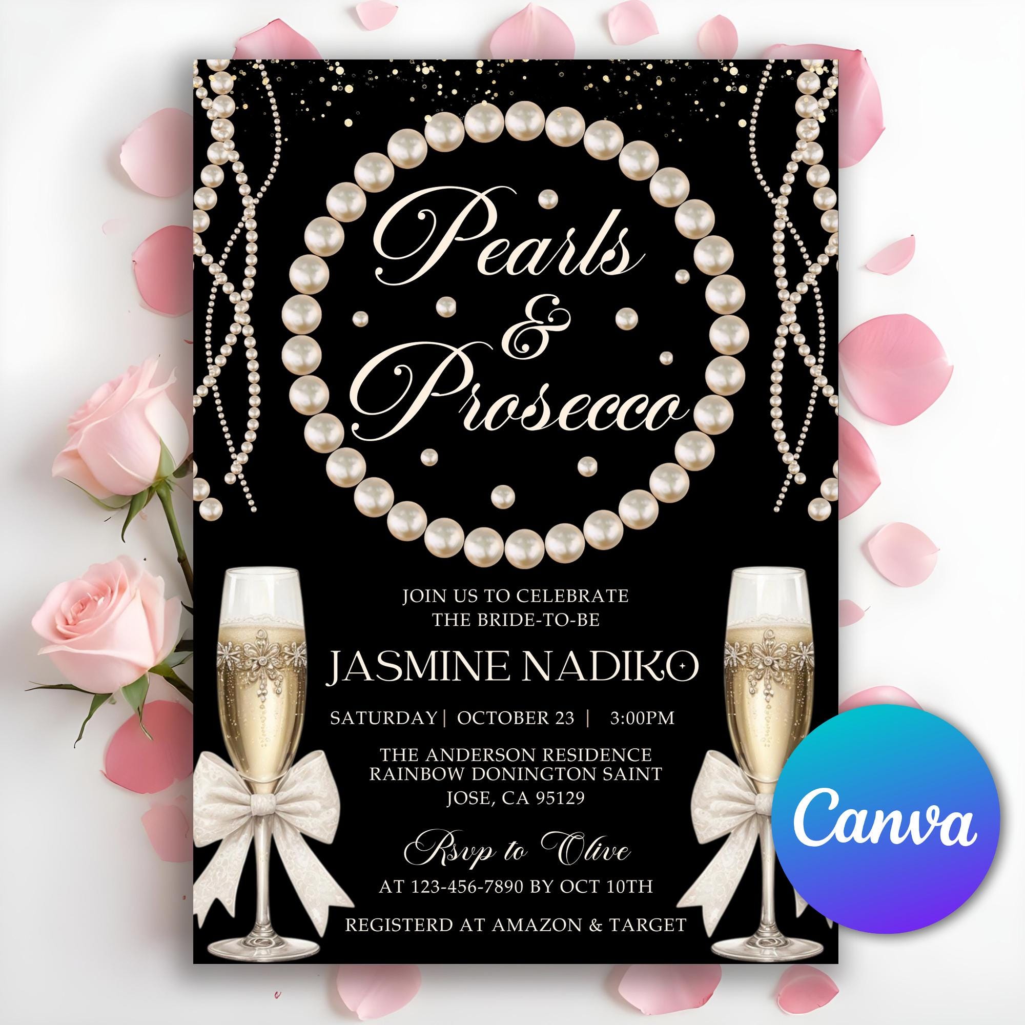 Invitación para despedida de soltera con perlas y prosecco, invitación para despedida de soltera con collar de perlas y prosecco, invitación minimalista con perlas, editable