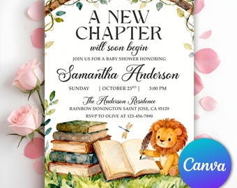 A New Chapter Begins Baby Shower Invitation, Storybook Baby Shower Invite, Gender Neutral, Fairytale Book, Animals Themed, Editable Canva