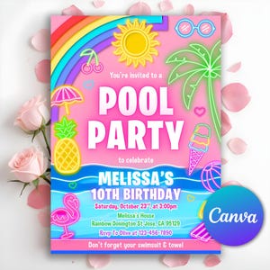 Neon Pool Party Birthday Invitation, Glow Pool Party, Pool Party Birthday Invitation, Tropical tie dye, Swimming Pool Party, Editable Canva