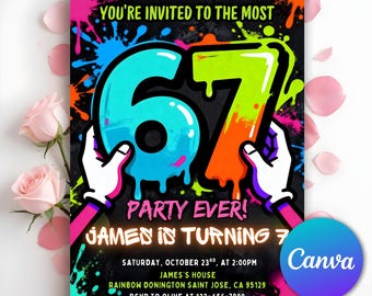 Six Seven Birthday Party Invitation, I was 6 now I'm 7 Party Invite, 6 7 Meme Birthday, Graffiti Kids Birthday Invitation, Editable Canva