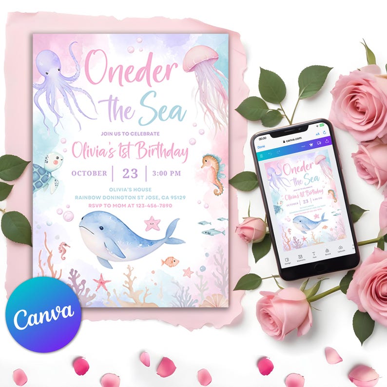 oneder the sea,under the sea pink,whale invitation,1st birthday girl,Under the sea party,Sea invitation,Under the sea invite,Sea creatures,ocean theme,Under the sea,Ocean animals,Sea animals,Sea birthday