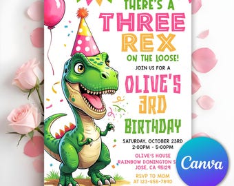 Invitación de cumpleaños de dinosaurio, Tres Rex sueltos, Invitación de cumpleaños de tres Rex, Fiesta de dinosaurios para el tercer cumpleaños de niña, Plantilla editable de Canva