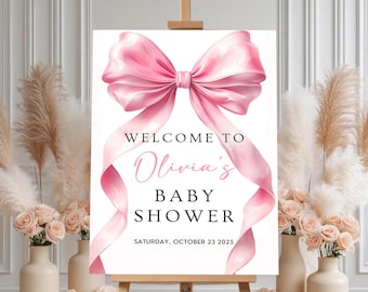 Różowa kokardka na powitanie na baby shower, Nowoczesna kokardka na przyjęcie ogrodowe, Zaproszenie na baby shower dla dziewczynki, Elegancka różowa kokardka, Edytowalny Canva