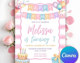 May include: A birthday party invitation with a pink and blue color scheme. The invitation features the text "Happy Birthday" on a banner, along with the name "Melissa" and the age "3". A cake, balloons, and a gift box are also illustrated.