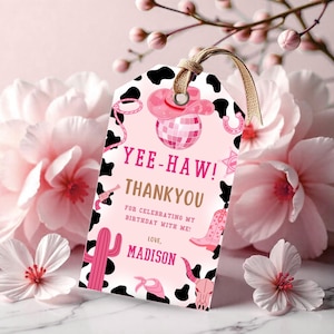 Etiqueta de presente de agradecimento de aniversário de cowgirl, etiquetas de lembrancinhas de festa de Nashville, convite de festa de cowgirl rosa, etiqueta de presente de agradecimento de cowgirl espacial, Canva editável