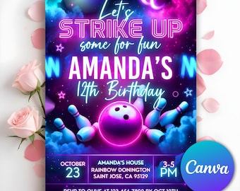 Bowling Birthday Invitation, Neon Glow Party, Boy Bowling Invite, Glow Bowling Invitation, Strike Up Some Fun, Editable Canva Template