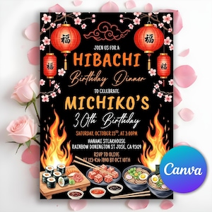 May include: Black invitation for a Hibachi Birthday Dinner, featuring red lanterns, cherry blossoms, and flames. The invitation reads "MICHIKO'S 30th Birthday" with event details and RSVP information.