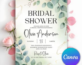 Eucalyptus Greenery Bridal Shower Invitation, Boho Greenery Wedding Shower, Greenery Wedding Shower, Botanical Bridal Shower, Editable Canva