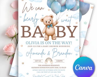 Bär-Babyparty-Einladung, wir können Bärenwart-Einladung, blauer Junge Boho Bär-Babyparty-Einladung, blauer Bär einladen für Jungen, bearbeitbare Canva