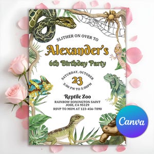 Reptiel verjaardagsuitnodiging, uitnodiging reptiel feest, vogelspin, spin, slang, reptiel verjaardagsuitnodiging, jongen reptiel partij, bewerkbare Canva
