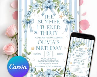 Invitación "El verano que cumplí treinta", invitación de Coastal Coquette para 30 cumpleaños, invitación a una fiesta en la playa, invitación para cualquier edad, Canva editable