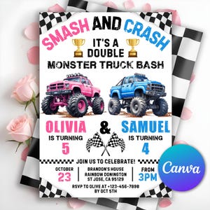 Dubbele verjaardagsuitnodiging Monster Truck, Boom Crash It's A Monster Truck Bash, gezamenlijke uitnodiging, broer of zus, bewerkbare canvassjabloon