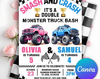 Monster Truck Doppel-Geburtstagseinladung, Boom-Crash Es ist ein Monster-Truck-Bash, gemeinsame Einladung, Geschwisterparty, bearbeitbare Canva-Vorlage