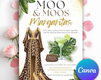 Moo Moos and Margaritas Invitation, Ladies Night Invitation, Glam Party Bachelorette Invite, Leopard Pajama Girls Day Invite, Editable Canva