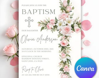 Floral Baptism Invitation, Girl Flower Invitation Template, Christening Invitation, Dusty Pink Baptism, Elegant Invitation, Editable Canva
