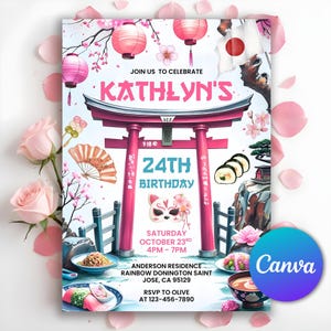 May include: A Japanese-themed birthday invitation with pink accents. The design includes a torii gate, lanterns, cherry blossoms, and sushi. Text reads "Kathlyn's 24th Birthday" with event details. A Canva logo is in the corner.