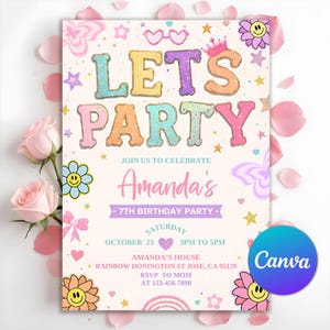 Invitación con parche, invitación de cumpleaños para niña, fiesta universitaria con parche, invitación de cumpleaños con cara sonriente, fiesta retro con estilo para niña, Canva editable
