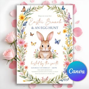 May include: An invitation to an Easter brunch and egg hunt, featuring a cute cartoon bunny surrounded by colorful flowers and butterflies. The text reads "Hop on over for Easter Brunch & An Egg Hunt hosted by the smith Saturday | October 23 | 3:00 PM The Smith Residence Rainbow Donington St Jose, CA 95129 RSVP to Olive at 123-456-7894".