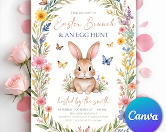 Easter Egg Hunt and Brunch Invitation, Easter Brunch Party Invitation, Floral Spring, Religious Easter Invite Bunny & Cross, Editable Canva