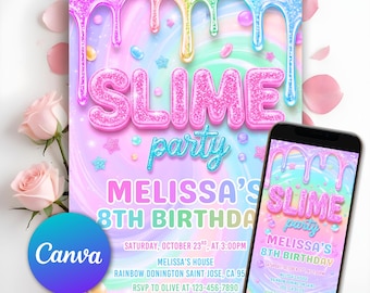 May include: A digital invitation for a Slime party featuring a pastel rainbow swirl background with glittery pink and blue text. The design includes dripping slime graphics, small star shapes, and event details for Melissa's 8th birthday party.