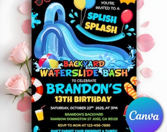 Waterslide Birthday Invitation, Boy Girl Splash Party Invite, Water Slide Invitation, Water Slide Bash, Summer Pool Party, Editable Canva