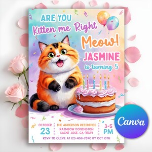 Cat Birthday Invitation, Are You Kitten Me Birthday, Paw-ty Birthday Invite, Rainbow, Cat Theme Birthday Invitation, Editable Canva template