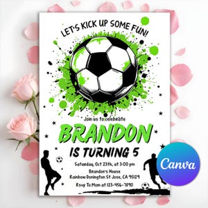 Convite de aniversário de futebol, convite para festa de futebol, convite de futebol editável, convite para festa de aniversário de menino, modelo Canva editável