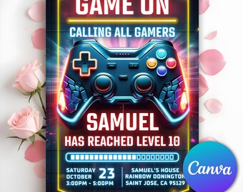 Video Game Birthday Party Invitation, Level Up Birthday Invite, Gamer Boy Template, Arcade Party Invite, Glow Video Gamer, Editable Canva
