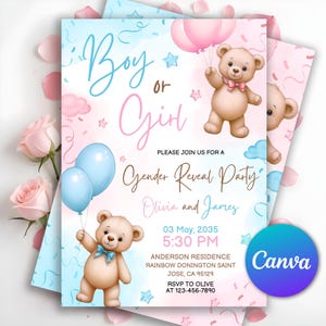 Convite para Revelação de Sexo, Festa de Revelação de Sexo com Ursinho de Pelúcia, Convite para Festa de Revelação de Sexo, Rosa e Azul Claro Ele ou Ela, Modelo Editável Canva