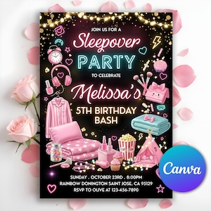 May include: A party invitation with a black background, featuring the text "Sleepover PARTY" and "Melissa's 5th Birthday Bash". The design includes pink and teal accents, fairy lights, and illustrations of sleepover-themed items.
