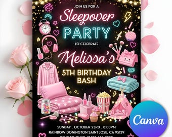 Sleepover Birthday Invitation, Slumber Party Invitation Template, Pajama Party Invite, Neon Sleepover Birthday Invitation, Editable Canva