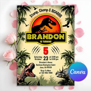 Faire-part dinosaure, fête d'anniversaire garçon dinosaure, invitation fête T-Rex, monde dinosaure, Jurassique 1er 3e 5e anniversaire, toile modifiable