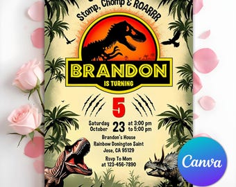 Dinosaurier-Party-Einladung, Dinosaurier-Geburtstagsfeier, T-Rex Party einladen, Dinosaurier-Welt einladen, Jurassic 1.3.5. Geburtstag, bearbeitbare Canva