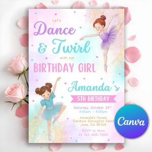 Ballerina Birthday Invitation, Girl Ballerina Party Invite, Modern Ballet Dancer Girl Birthday Invite, Tutu Ballerina Dress, Editable Canva
