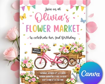 Invitación de cumpleaños para el mercado de flores, agricultores locales, celebración del mercado floral, invitación de cumpleaños para niña de una floristería rosa, Canva editable