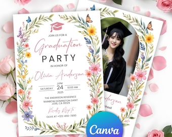 Wildflower Graduation Party Announcement Invitation, Graduation 2025, Floral Girl Grad Photo Invite, Modern Boho Flower Grad, Editable Canva