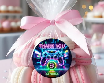 Video Game Party Round Labels, Gamer Birthday Stickers, Thank You Stickers, Gamer Party Supplies, Round Labels, Video Gamer, Editable Canva