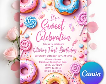 Invitación de cumpleaños para un dulce, invitación de dulces pastel, invitación para el primer cumpleaños de una niña, postre, donut, caramelo, helado, cupcake, Canva editable
