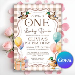 One Lucky Duck Birthday Invitation, Boys First Birthday Invite, Mallard Duck Gingham 1st Birthday Party Invite, Editable Canva Template