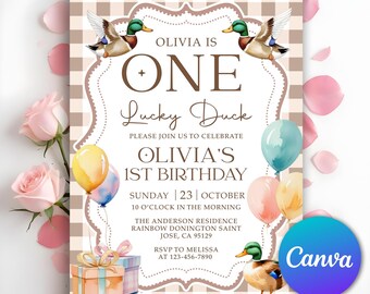 One Lucky Duck Birthday Invitation, Boys First Birthday Invite, Mallard Duck Gingham 1st Birthday Party Invite, Editable Canva Template