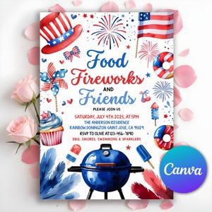 May include: A patriotic invitation with the text "Food, Fireworks, and Friends." The design features a watercolor style with a barbecue grill, fireworks, an American flag, and festive treats. The invitation is for a July 4th event.