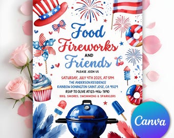 May include: A patriotic invitation with the text "Food, Fireworks, and Friends." The design features a watercolor style with a barbecue grill, fireworks, an American flag, and festive treats. The invitation is for a July 4th event.