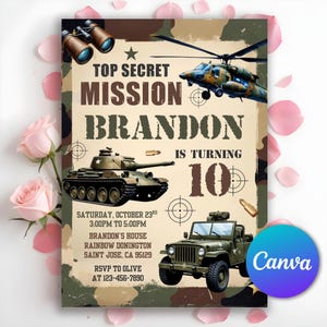Military Party Invitation, Military Birthday Invitation, Army Birthday Invitation, Soldier Birthday Invitation, Editable Canva Template