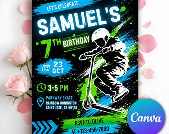 Scooter Birthday Invitation, Skate Party Invitation, Boy Birthday Invitation, Scooter Skating Birthday Invitation, Editable Canva Template