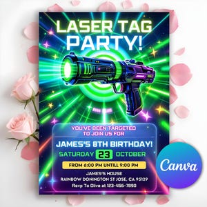 Laser Tag Birthday Invitation, Neon Laser Party Invitation, Laser Tag Party Invite Template, Neon Glow Birthday Invitation, Editable Canva