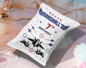 Fighter Pilot Birthday Chips Bag Labels, Fighter Jet Pilot, Boy Military Invitation, Jet Pilot Theme Party, Snack Treats Bag, Editable Canva
