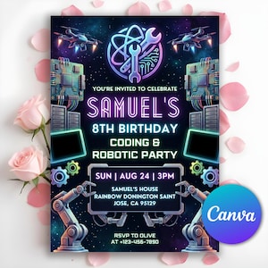 Coding Birthday Party Invitation, Programming Party Invite, Computer Coding & Robotics Theme, Gamer Code Invitation, Editable Canva Template