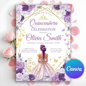 Lilac Gold Quinceañera Invitation, Mis Quince Invitation, Quinceanera Invitation, Floral Butterfly Princess Quinceanera, Editable Canva