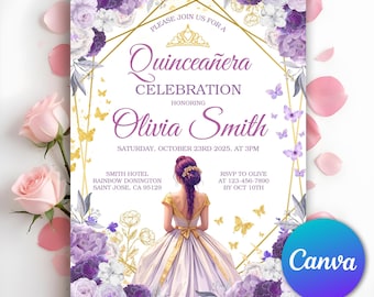 Lilac Gold Quinceañera Invitation, Mis Quince Invitation, Quinceanera Invitation, Floral Butterfly Princess Quinceanera, Editable Canva